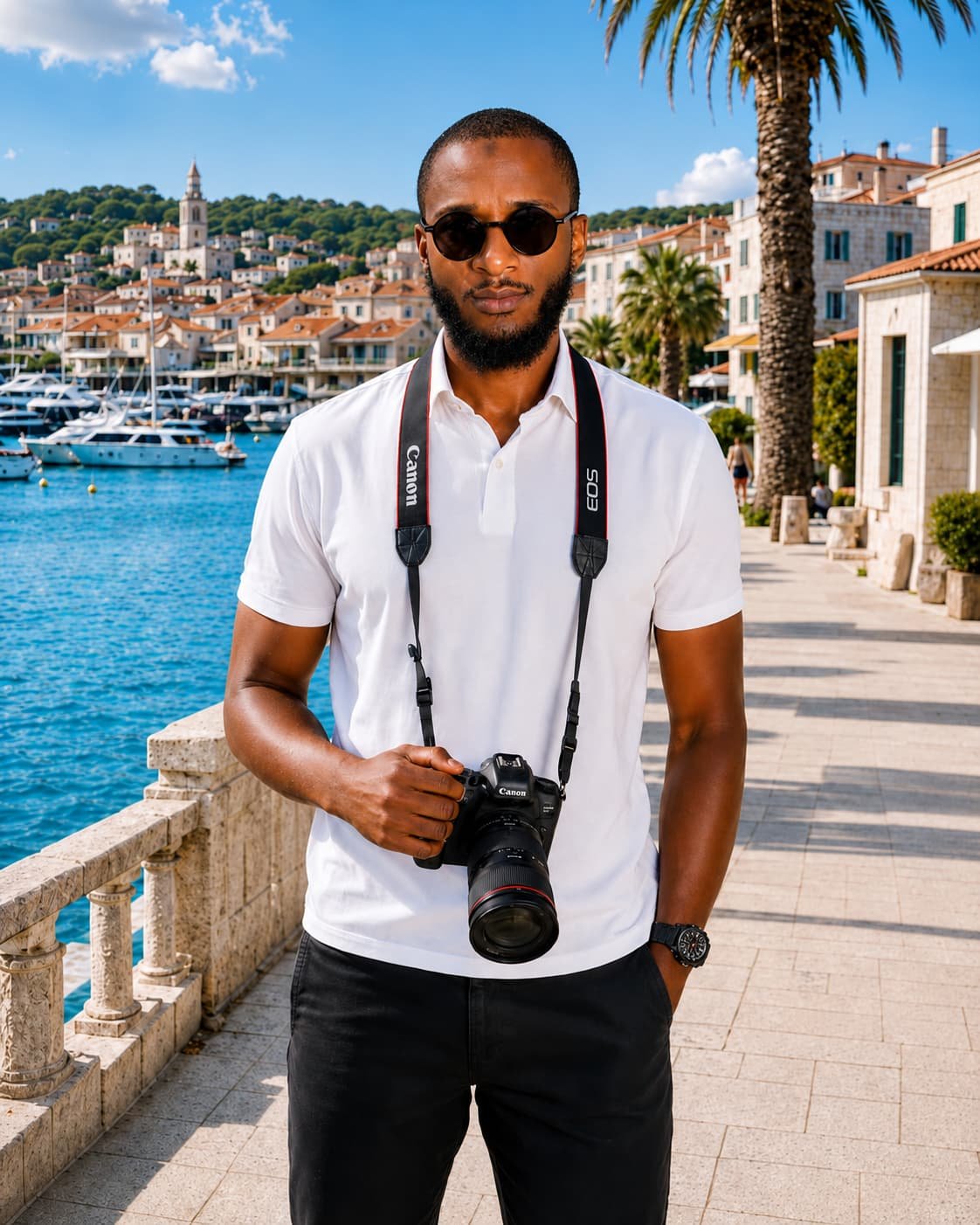 Ziyad Yakubu standing with a camera beside the sea
